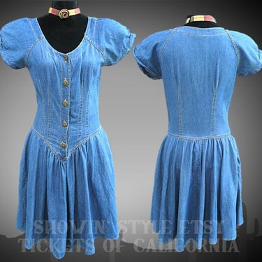 Women's Blue Jean Denim Retro Western Dress, Rodeo Queen, Princess Waistline, Short-Sleeved, 9-10, Approx. Small  (see meas. below) 