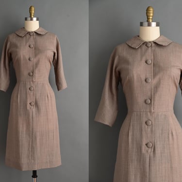 vintage 1950s Dress | Classic Neutral Tone Cotton Pencil Skirt Dress | Large 