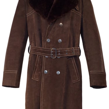 Jacques Esterel 1970s Vintage Men's Brown Shearling & Suede Double-Breasted Coat Sz 46 