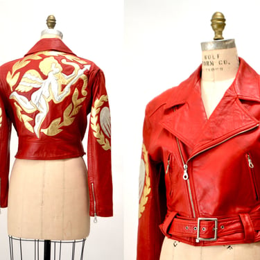 Vintage RED Leather Motorcycle Jacket by North Beach Michael Hoban// RED Metallic Leather Jacket with Cupid & Hearts 