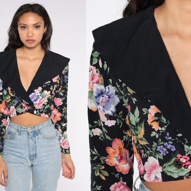 Cropped Floral Blouse 80s 90s Sailor Collar Top Double Breasted Button Up Shirt Boho Long Sleeve Crop Top Retro Vintage Rampage Small Medium 