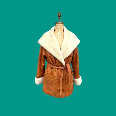 Vintage Coat Retro 1990s Wilsons The Leather Expert + Size Small + Cognac + Genuine Leather + Faux Sherpa + Overcoat + Womens Apparel 