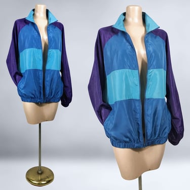 VINTAGE 80s 90s Blue & Purple Color Block Windbreaker Jacket Sz Medium | 1980s 1990s Athletic Track Jacket Streetwear | vfg 