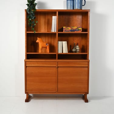1940s/50s Scandinavian Oak Bookcase with Tambour Sideboard and Open Shelves – Vintage Storage Unit 