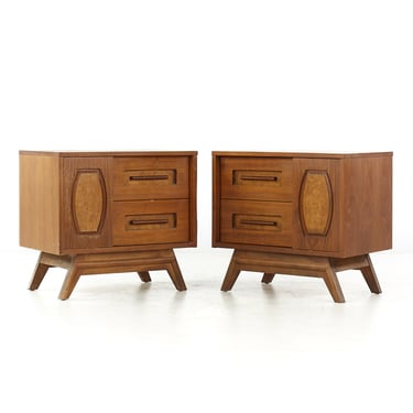 Young Manufacturing Mid Century Walnut and Burlwood Nightstands - Pair - mcm 