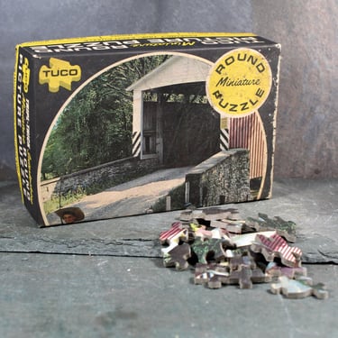 Vintage Tripl-Thick Interlocking Tuco Puzzle Miniature | Covered Bridge | 58 Piece Round Cardboard Puzzle  6