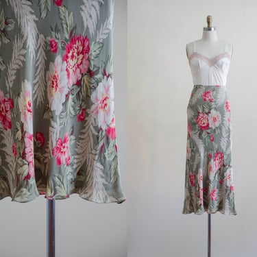 sage green floral silk midi skirt | romantic cottagecore pink peony fern floral ruffled silk skirt 