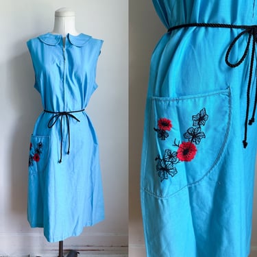 Vintage Blue Embroidered Pocket Dress / M-L 