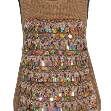 J.Crew Collection - Brown Sleeveless Chunky Knit Sweater w/ Beads &amp; Sequins Sz S