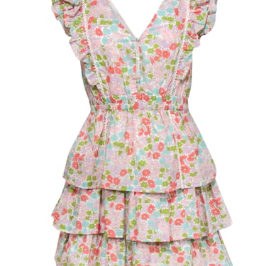 Love the Label - Ivory w/ Multicolor Floral Print Tiered Ruffle Mini Dress Sz XS