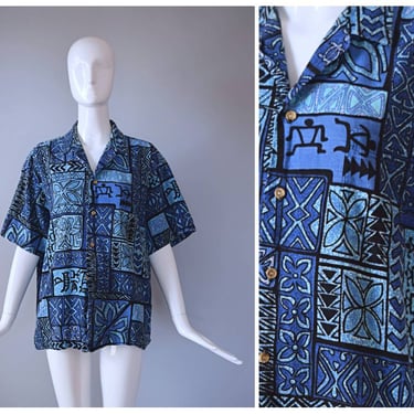 Vintage 1970s RJC Blue Hawaiian Tiki Hibiscus Floral Print Tropical Button Down Shirt Top 
