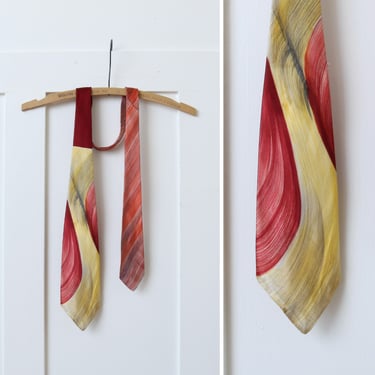 mens vintage 1950s hand painted tie • red yellow & gray satin necktie by Regal Cravats 