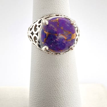 Artisan Purple Copper Turquoise & Sterling Silver Ring Filigree Band Sz 5.25 