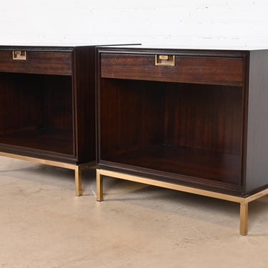 Thomas Pheasant for Baker Furniture Modern Campaign Mahogany and Brass Nightstands, Newly Refinished