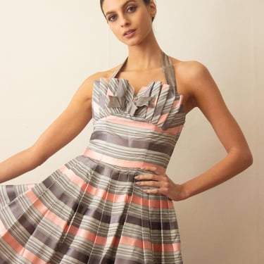 1950s Fred Perlberg Striped Grosgrain Halter Gown 