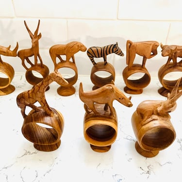 Vintage African Hand Carved Wood Animal Napkin Rings, Set of 9 by LeChalet