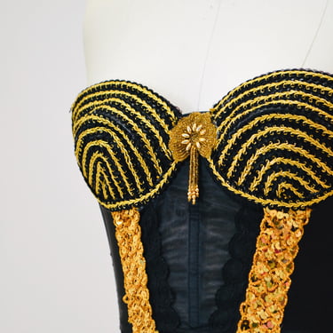 80s 90s Vintage Black Sequin Bustier Top Gold Fringe Corset Bustier XS Small 80s 90s Black Sequin Corset Burlesque 80s Party Bra Top 