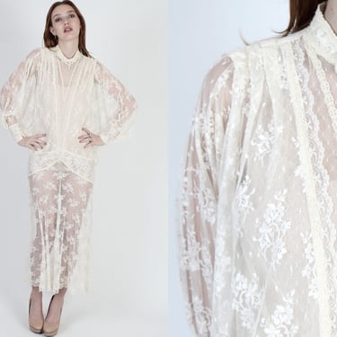 Avant Garde Sheer Deco Wedding Dress / Vintage See Through Cream Lace Dress / 1980s Plain Floral Batwing Construction Midi Maxi Dress 