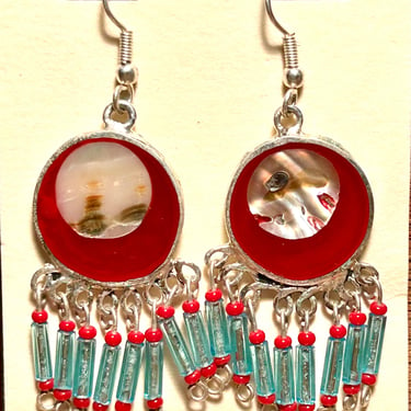 Vintage Sterling Silver Mother Of Pearl Earrings Dangle Beaded Fringe Mexico Jewelry Gift 