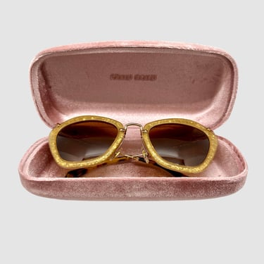 MUI MUI Glasses Frames w/ Case, Gold Glitter Oversized Sunglasses | Italian Fashion Designer Eyeglasses, Paris France, Leopard Print Cat Eye 