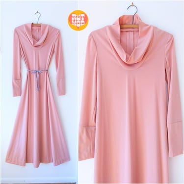 Lovely Vintage 70s Dusty Blush Pink Maxi Dress with Cowl Neck 