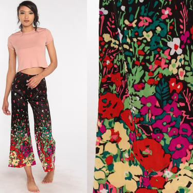 Floral Bell Bottom Pants Black Pants Bohemian 70s PSYCHEDELIC Hippie Trousers High Waisted Boho Festival Wide Leg Small xs s 