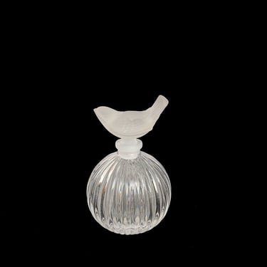 Vintage Modern Japanese SASAKI Ribbed Frosted and Clear Crystal Perfume Bottle with Bird Stopper Japan 