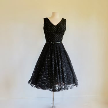 Vintage 1950's Black Silver Woven Ribbon Fit and Flare Party Dress Sleeveless Full Skirt Rockabilly Swing Cocktail Formal 29.5