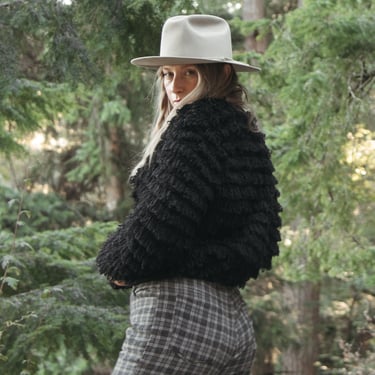80's Vintage Black Crochet Shag Cardigan Sweater 