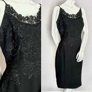 Glam Black Slip Dress, Beaded Embroidered, Vintage Cocktail Dress, Elegant Sheath, Goth 