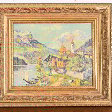 Original Signed Lakeside Mountain Landscape Oil Painting in Carved Giltwood Frame, 1960