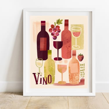 Wine Bottles With Glasses 8 X 10 Art Print/ Bar Cart Illustration/ Wine Medley Wall Decor/ Wine With Fruit Kitchen Decor 