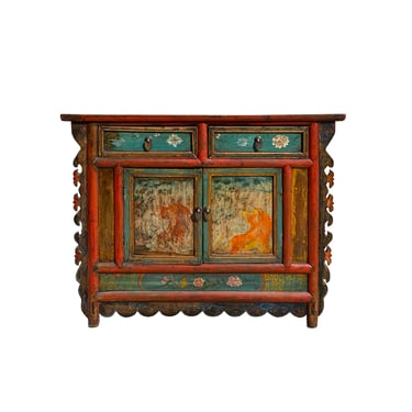 Chinese Distressed Blue Brown Graphic Sideboard Credenza Cabinet cs7252E 