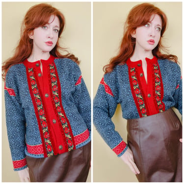 1980s Vintage Norwear Icelandic Blue and Red Wool Cardigan / 80s Velvet Trim Floral Knit Sweater / Small - Medium 