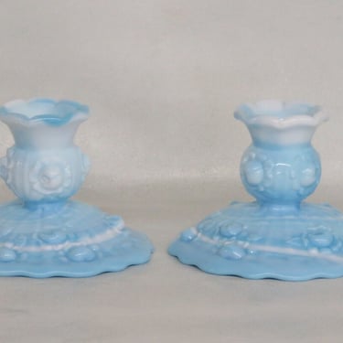Fenton Cabbage Rose Blue Marble Slag Glass Candle Sticks Holders a Pair 2642B