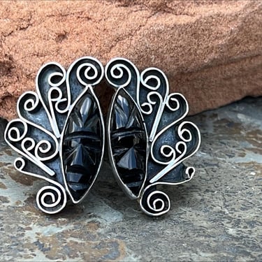 Carmen Beckmann ~ Vintage Mexican Sterling Silver and Carved Black Onyx Tribal Warrior Screw Back Earrings 