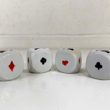 Vintage Dice Mini Ashtrays Card Suits Diamonds Clubs Hearts Spades Set Four Ashtray Personal Cards White Painted Mid-Century Bridge 1950s 