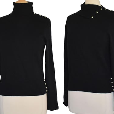 Vintage 90s Black Cashmere Sweater, by Mainbocher, Convertible Turtleneck Collar, Faux Pearl Buttons, Size M Medium 