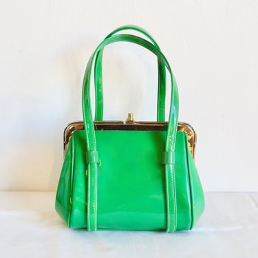 1960's Kelly Green Faux Patent Leather Purse Gold Clasp Hardware Top Handles 60's Mod Retro Spring Summer Handbags After Five 
