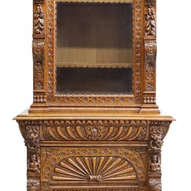 Cabinet, French Renaissance Revival, Carved Oak, Glazed Door, Lion Mask, 1800s!