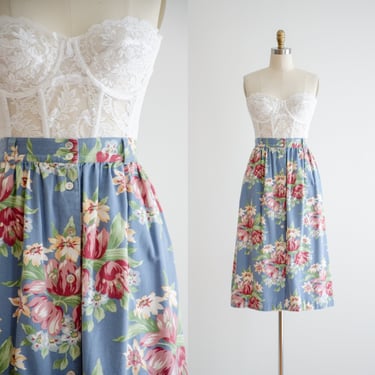 cute cottagecore skirt | 80s 90s vintage Cambridge Dry Goods blue pink floral cotton midi skirt 