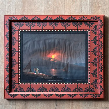 Medium 19th C. Italian Gouache of the View of Vesuvius III Circa 1830 in Gusto Painted Frame and Mat