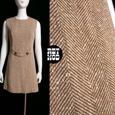 Perfect Fall Vintage 60s 70s Brown Herringbone Tweed Jumper Dress by Russ 