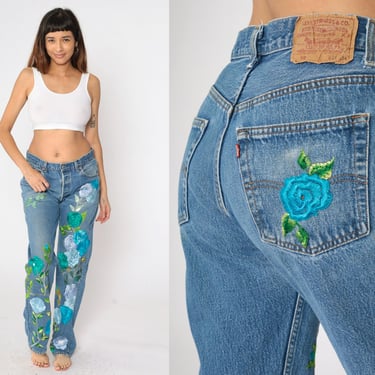 Embroidered Levis Jeans 501 Straight Leg Floral Mid Rise Jeans Y2K Retro Denim Pants DIY Levi Strauss Relaxed Boyfriend Vintage 00s 34 x 34 