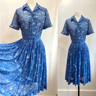 Vintage 50s Shirtwaist Dress / SHEER BLUE ROSE Print Nylon  /Moody Dark Floral Day Dress / Full Pleated Skirt + Hidden Buttons 