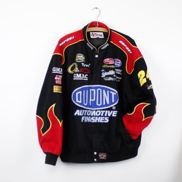 Vintage Jeff Gordon Nascar jacket, soft cotton, Black, Flames, snap button front, Embroidered - XL 