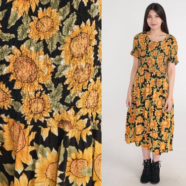 90s Floral Dress Smocked Sunflower Dress Midi Shift Black Rayon Dress Summer Hippie Boho 1990s Bohemian Vintage Retro Short Sleeve Medium 
