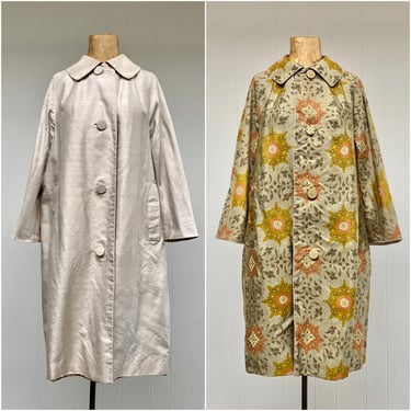 Vintage 1960s Reversible Silk Coat, 60s Mod Bespoke Beige and Sage Green Floral Topper, Spring/Summer Fashion, Medium 42