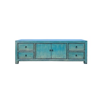 Oriental Distressed Light Turquoise Blue Low TV Media Console Cabinet ws4387E 