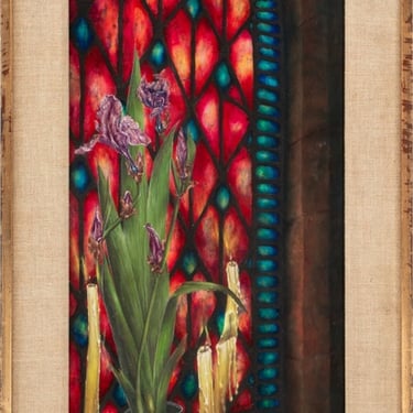 Charles Blum Irises and Stained Glass Oil on Board